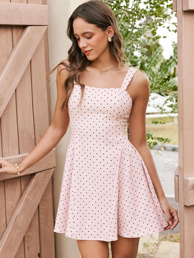 Women Polka Dot Mini Dress Cute Summer Date Night Square Neck Sleeveless